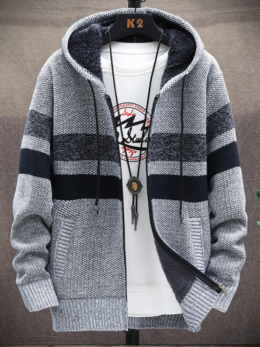 Men’s Color Block Faux Fur Lining Zip Front Hooded Drawstring Hood Sweatshirt Jacket