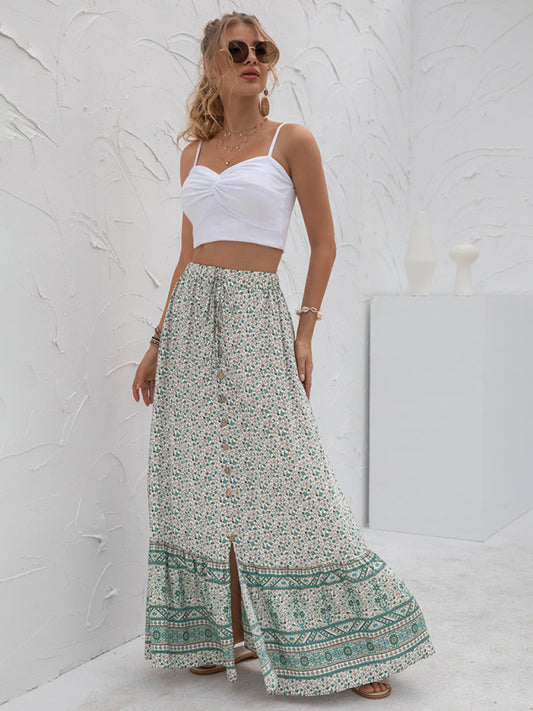 Women's New Arrival High Waist Printed Breasted Button Slit Skirt