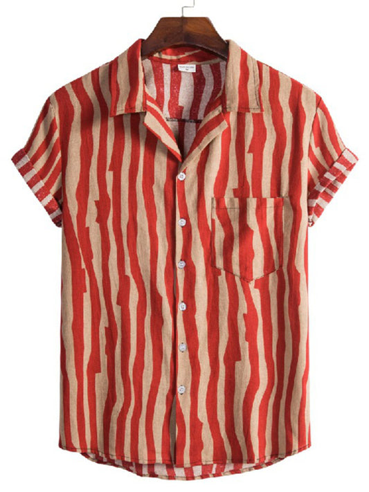 Men's Stripe Print Short Sleeve Linen Button-Up Shirt