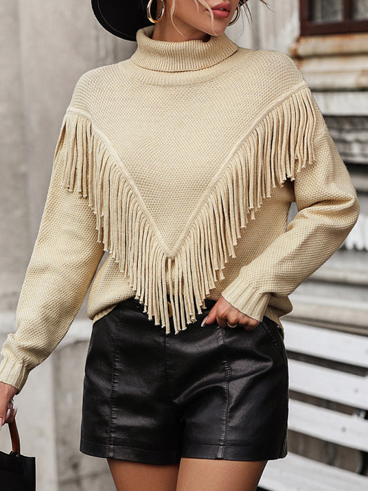 Women's Loose Fringed Sweater Knit Turtleneck Sweater Comfort and Warm Accomplished.